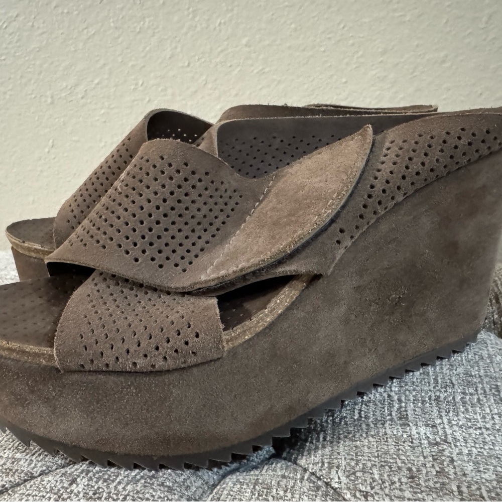 Pedro Garcia Brown Perforated Suede Platform Wedge Sandals - Picture 8 of 8